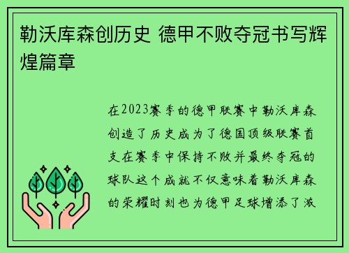 勒沃库森创历史 德甲不败夺冠书写辉煌篇章