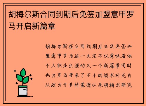 胡梅尔斯合同到期后免签加盟意甲罗马开启新篇章